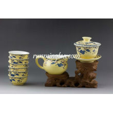 &quot;Sowbrew Flower&quot; Gelbe Glasur Porzellan Geschirr Set, 1 Gaiwan, 1 Krug und 6 Tassen